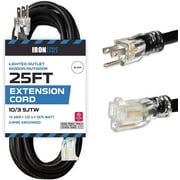 Iron Forge Cable 25 ft Lighted Outdoor Extension Cord - 10/3 SJTW Heavy Duty Black Extension Cable with 3 Prong 15 AMP Grounded Plug for Safety